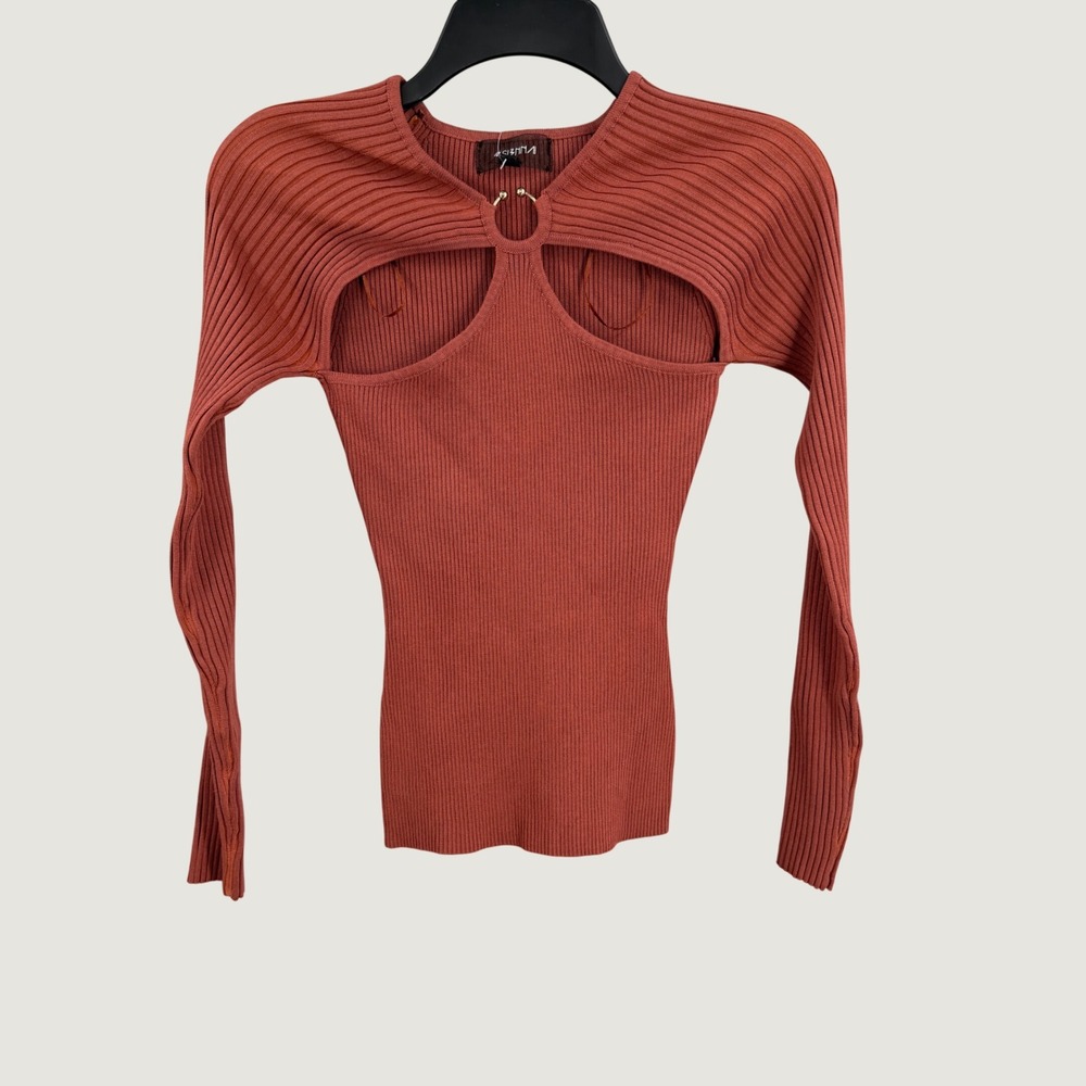 4SI3NNA Ribbed Cut Out Top Size Small Brown Long Sleeve O-Ring Keyhole New